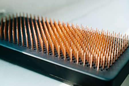 a sadhu board made of dark oak with copper nails on a wooden floor. the yogic practice of standing on nailsの写真素材