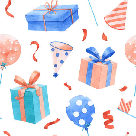 Watercolor happy birthday party pattern with gifts and holiday balloons. Seamless illustration on...