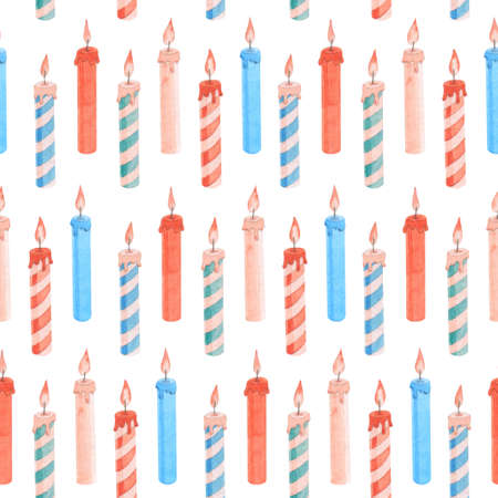 Watercolor happy birthday party pattern with candles. Seamless illustration on white background....