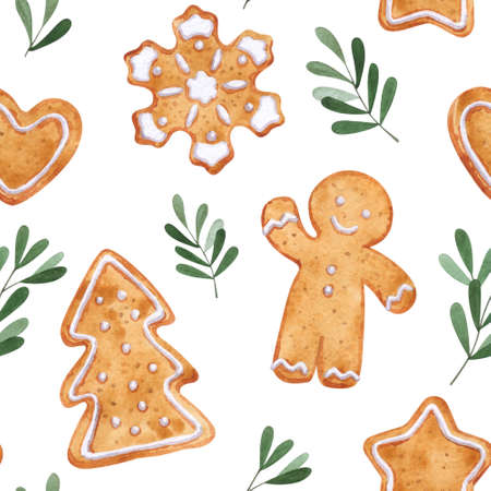 Christmas watercolor pattern of gingerbread and branches. Seamless illustration on white background.の写真素材