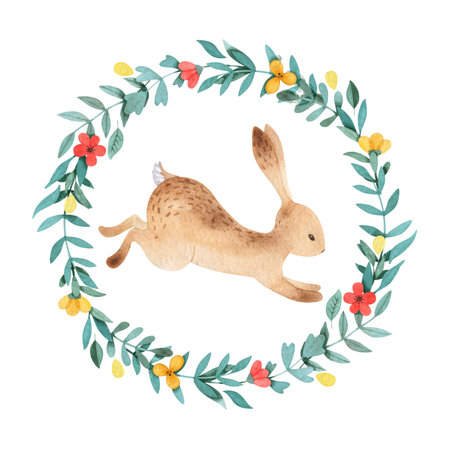 Flower wreath with rabbit. Hand painted illustration on white backgroundの写真素材