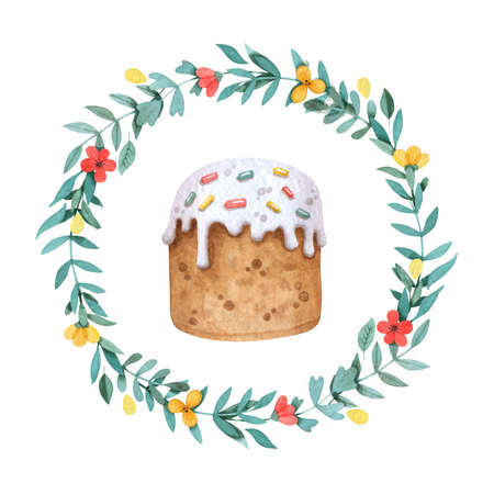 Watercolor flower wreath with easter cake. Hand painted illustration on white backgroundの写真素材