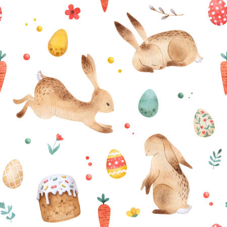 Watercolor happy Easter pattern with bannies, Easter cake and eggs. Hand painted illustration on...