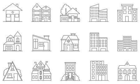 Building icons set. Outline illustration of 9 building vector icons for webのイラスト素材