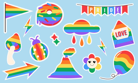 Rainbow stickers set. Cute cartoon style. Vector illustration.のイラスト素材