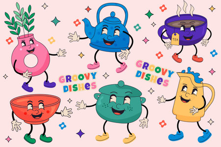 Cute cartoon kettle character with different emotions. Vector illustration set.のイラスト素材