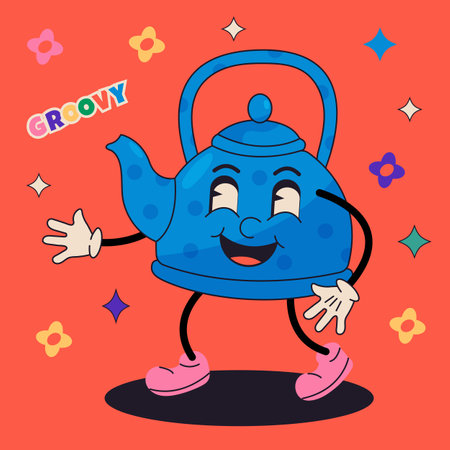 Cute cartoon blue teapot on red background. Vector illustration.のイラスト素材