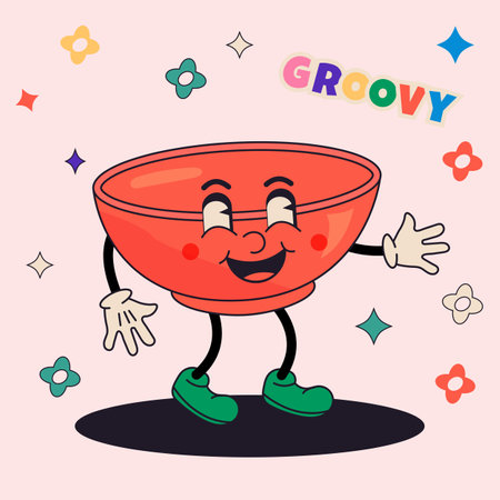 Cartoon vector illustration of a red bowl with hands and feet.のイラスト素材
