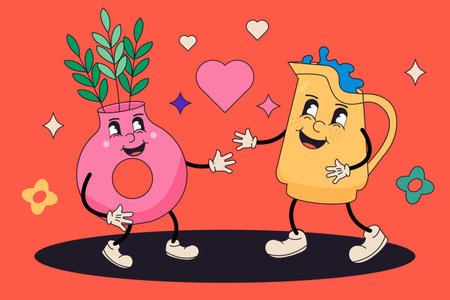 Cute cartoon pitcher and flower pot holding hands. Vector illustration.のイラスト素材