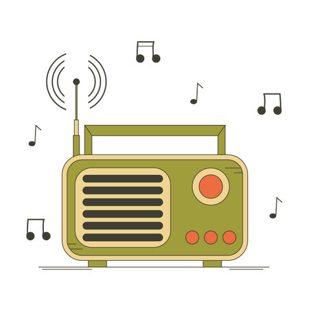 Retro radio with music notes. Vector illustration in flat style.のイラスト素材