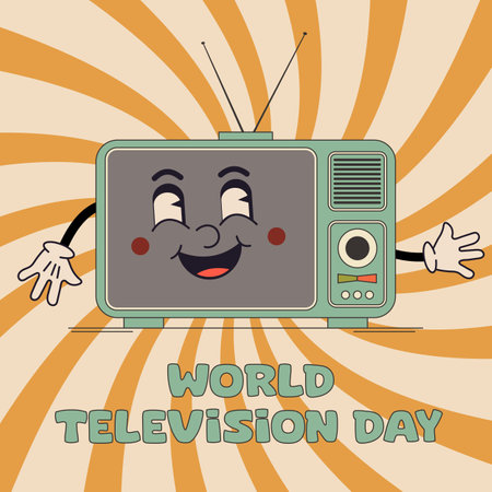 World Television Day. Vector illustration of a cartoon television character on retro background.のイラスト素材