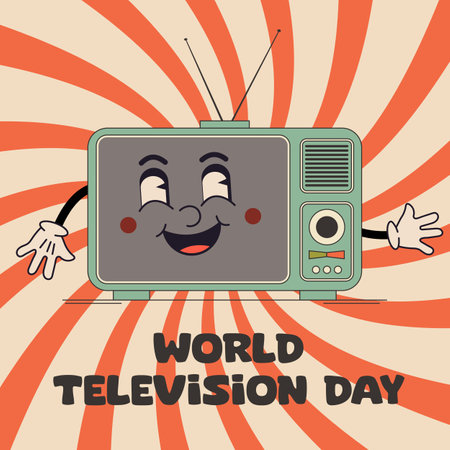 World Television Day. Vector illustration of a cartoon TV character on retro background.のイラスト素材