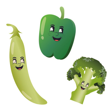 Pepper and broccoli cartoon characters. Vector illustration isolated on white background.のイラスト素材