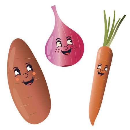 Vector illustration of carrot and onion cartoon characters isolated on white background.のイラスト素材