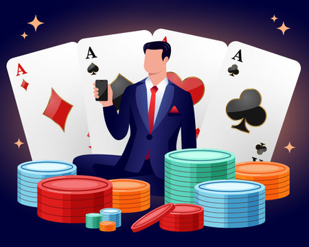 Casino gambling. Businessman playing poker. Vector illustration in flat styleのイラスト素材