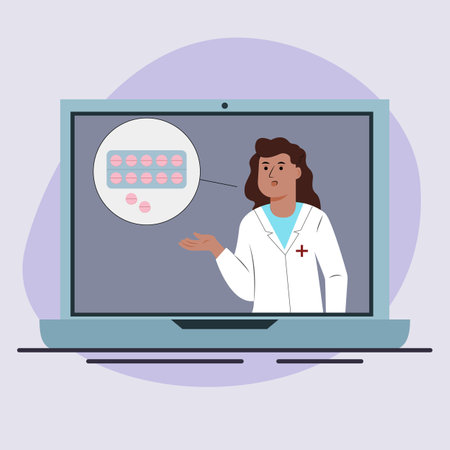 Online medical consultation with doctor on laptop. Vector illustration in flat styleのイラスト素材
