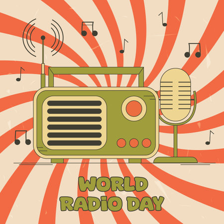 World Radio Day. Vector illustration in flat design style on vintage backgroundのイラスト素材