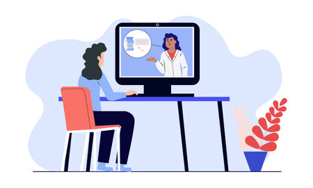 Online medical consultation concept in flat design. Doctor talking to patient on video call. Vector illustration for banner, website design or landing web pageのイラスト素材