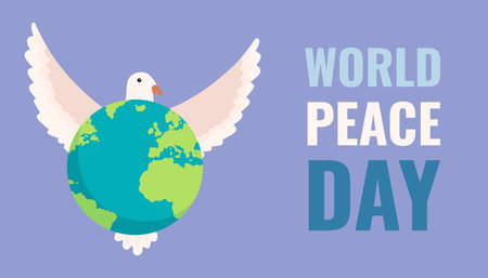 world peace day card with dove and earth planet vector illustration graphic designのイラスト素材