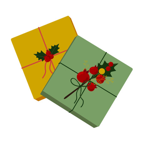 Christmas gift boxes with holly berry and red berries. Vector illustration.のイラスト素材