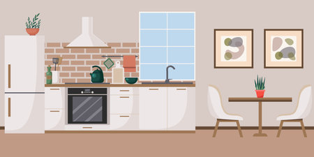 Kitchen interior with furniture. Vector illustration in flat design style.のイラスト素材