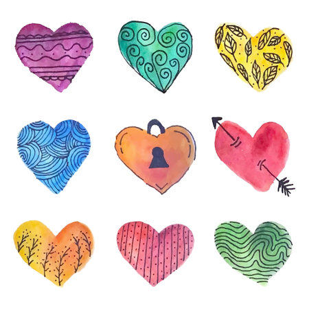 Watercolor hand drawn hearts set. Vector illustration isolated on white background.