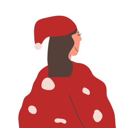 Simple flat illustration of a girl from behind wearing a bright sweater and a red hatのイラスト素材