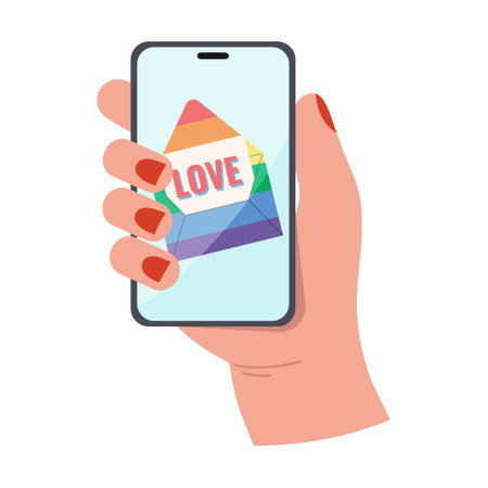 Hand holding smartphone with love letter. Vector illustration in flat style.のイラスト素材