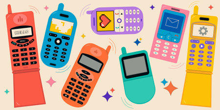 Vector illustration of a set of colorful vintage mobile phones. Flat style.のイラスト素材