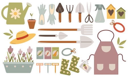 Gardening tools set. Vector illustration of garden tools and accessories.のイラスト素材