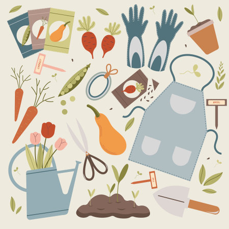 Gardening tools and plants. Vector illustration in flat style.のイラスト素材