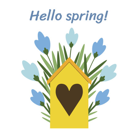 Cute spring flowers with birdhouse cartoon. vector illustration graphic design vectorのイラスト素材