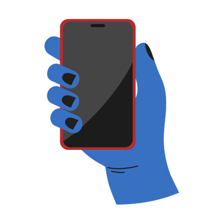Hand in glove holding a smartphone with blank screen. Vector illustration.のイラスト素材