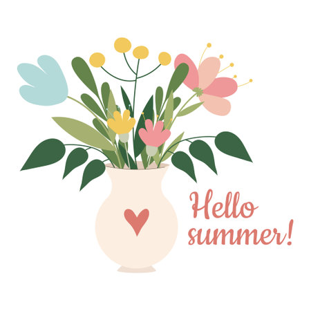 Hello summer card with flowers in a vase. Vector illustration.のイラスト素材