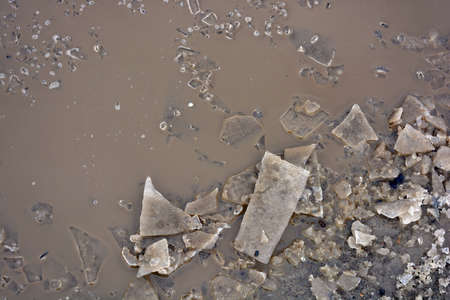 Broken transparent ice, small pieces of ice crust lie near a frozen puddle and float in the water....