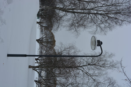 Street lamp on the background of a frozen lake in the winter. Street floodlights, street lighting, large and stylish lamps are located in the park area of Varkaus, Finland.の写真素材