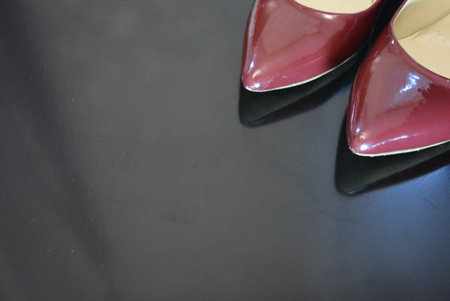 The pure fashion style, dark cherry patent leather shoes with a pointed toe, women's fashion shoes with heels made of genuine leather.の写真素材