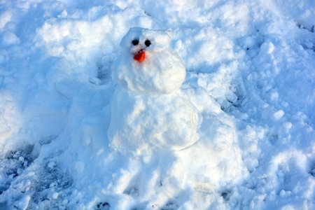 Snowman on the snow in the winter, closeup of photo. A beautiful little snowman made of white snow with orange carrots and black eyes.の写真素材