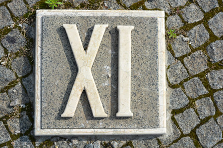 Numeral on a tombstone in the cemetery of the city. White inscriptions in gray granite of Roman numerals one, two, three, four, five, six, seven, eight, nine and ten.の写真素材