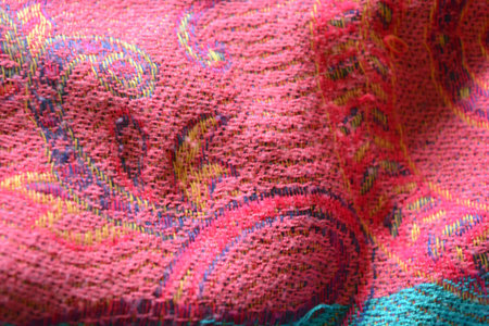 Pink, blue, red and purple, delicate fabric with Indian, oriental ornaments.