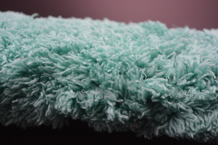 Beautiful green soft fluffy, nylon, synthetic fabric arranged on a black plastic background.の写真素材