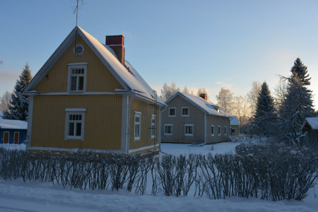Beautiful winter landscape with snow covered trees and houses in the village.の写真素材