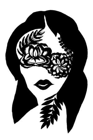 Stylized portrait of a girl with flowers on eyes in the style of tattoo on the white backgroundの写真素材