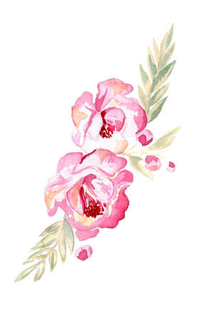 Watercolor pink flowers with green leaves and buds on white background.の写真素材
