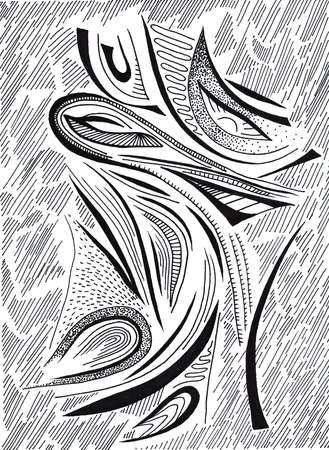 Black and white abstract illustration with waves, lines, dodts and many detailsの写真素材