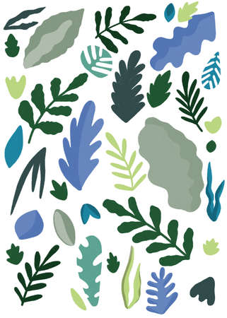 Hand drawn illustration with leaves. Illustration in colorful tones. Great for decor, textiles, packaging, printing and the internet. Set of leaves in gentle and pastel style. Set of leaves, plantsの写真素材