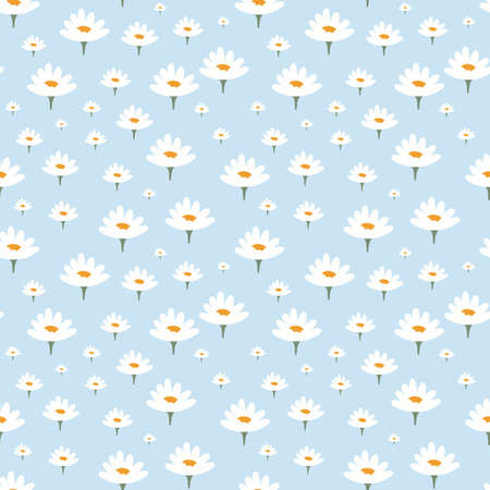 Floral pattern with daisies. Illustration with little flowers. Daisy rint with flowers and leaves for textiles, printing, clothing, packaging, decor and wallpaper. Chamomile seamless printの写真素材