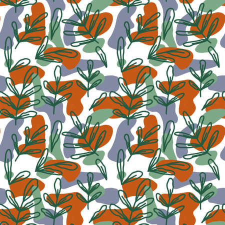 Floral digital minimal pattern. Seamless surface pattern with leaves. digital abstract print. Repeat pattern with colorful plants or shapes. Print for textiles, printing, clothing, packaging.の写真素材