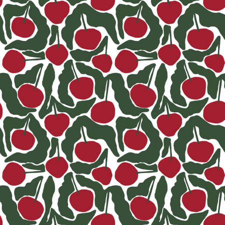 Seamless pattern of cherry fruits with green leaves on white background. Cute cartoon fruit pattern. Fashion template with flowers and leaves for textiles, printing, clothing, packaging, decor and wallpaper.の写真素材