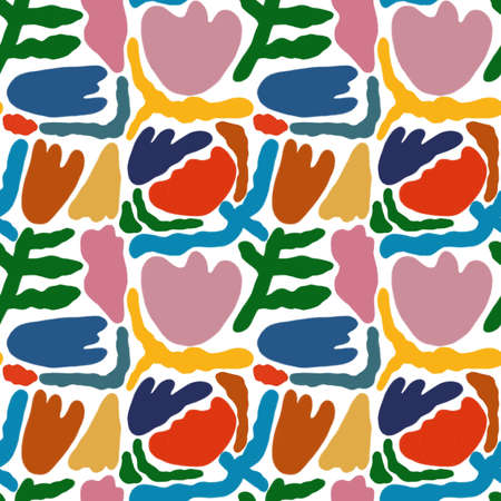 Illustration of modern exotic plants. Creative collage modern floral seamless pattern. Fashion template with flowers and leaves for textiles, printing, clothing, packaging, decor and wallpaper. abstract styleの写真素材